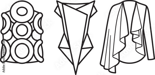 Set of three fashion design elements including a patterned vest a geometric top and a cardigan