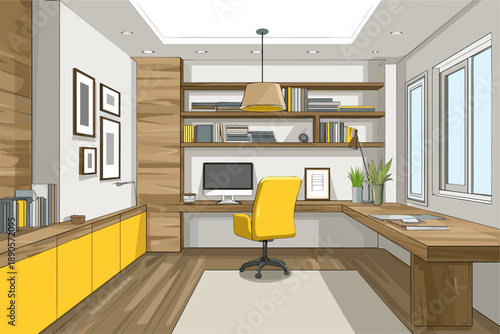 Modern Minimalist Home Office with Yellow Accents and Wooden Furniture