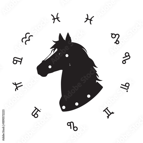 Elegant black horse head within a circular zodiac motif, minimalist vector illustration.