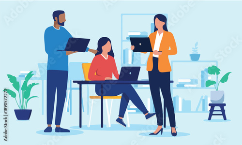 Office people working on computers - Group of three businesspeople characters using laptops talking, smiling and doing teamwork together at work indoors. Flat design vector illustration.