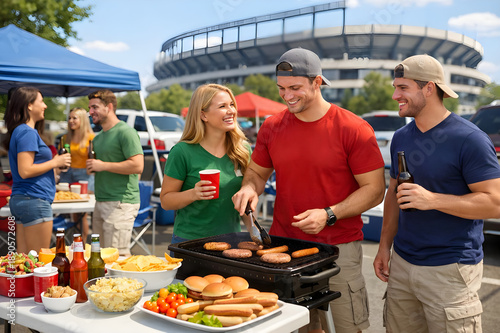 Young adults socializing in a stadium parking area before a big game, enjoying grilled food and drinks, relaxed tailgate atmosphere, festive mood, casual gathering celebrating the upcoming sports even