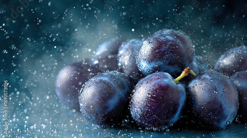 Fresh Plums Covered in Raindrops