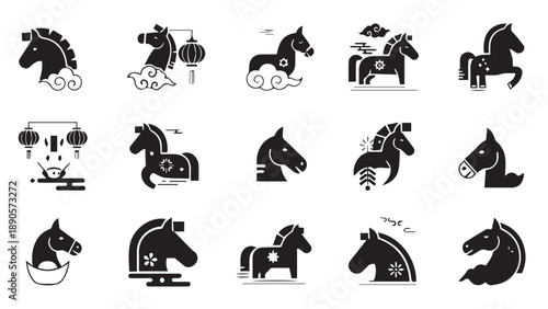 Collection of 15 black and white horse illustrations in various poses and styles.