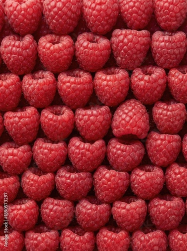 A close-up view of fresh, ripe red raspberries stacked in a pattern.