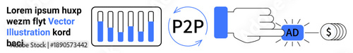 Conceptual flow of peer-to-peer transactions, featuring bar charts, P2P labeling, ads, money transfer, and interaction. Ideal for finance, tech, innovation advertising commerce startups simple