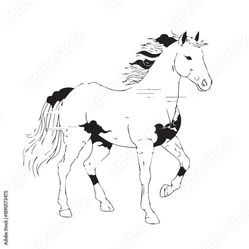 Elegant White Horse with Flowing Mane and Tail in Motion.