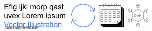 Financial planning, cryptocurrency, blockchain systems, decentralized finance, digital logic, task scheduling. Circular process with calendar and DeFi network structure. Financial planning