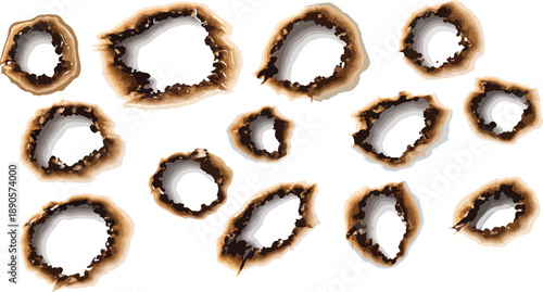Collection of Burned Holes in White Paper“ Fire Damaged Paper Holes Isolated on White”