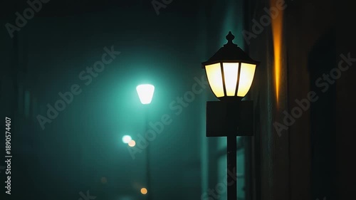 Foggy urban street at night with lone streetlights casting glowing teal blue pools and deep shadows, creating an eerie, moody atmosphere of solitude and suspense