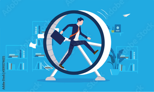 Businessman in hamster wheel - Man working hard in meaningless job, feeling useless, stressed and having no progress. Stuck in rut concept. Vector illustration.