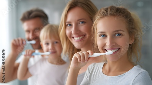 A family of four is smiling and brushing their teeth together