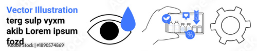 Eye with tear drop, mobile app analyzing product bottles with percentage marks, and gear highlighting innovation. Ideal for vision health, quality control, technology, apps, automation, industry