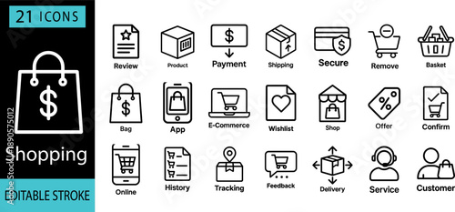 Collection of 21 linear icons representing the shopping process, e-commerce, and customer service, with an editable stroke.