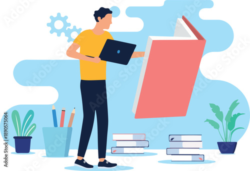 Studying with computer and book - Student person standing with laptop in hand, reading book. Education and self development and course concept in flat design vector illustration with white background.