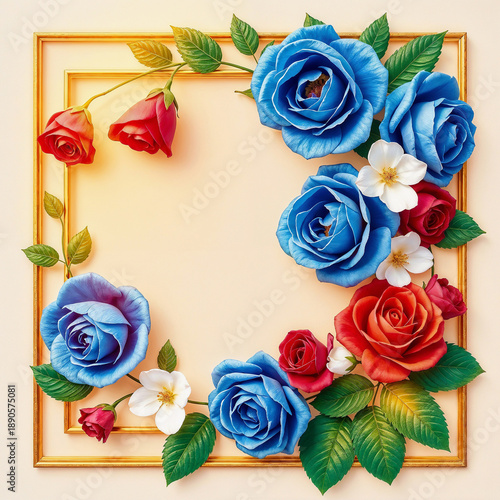 Elegant floral composition of blue and red roses arranged on a gold frame over a cream background.