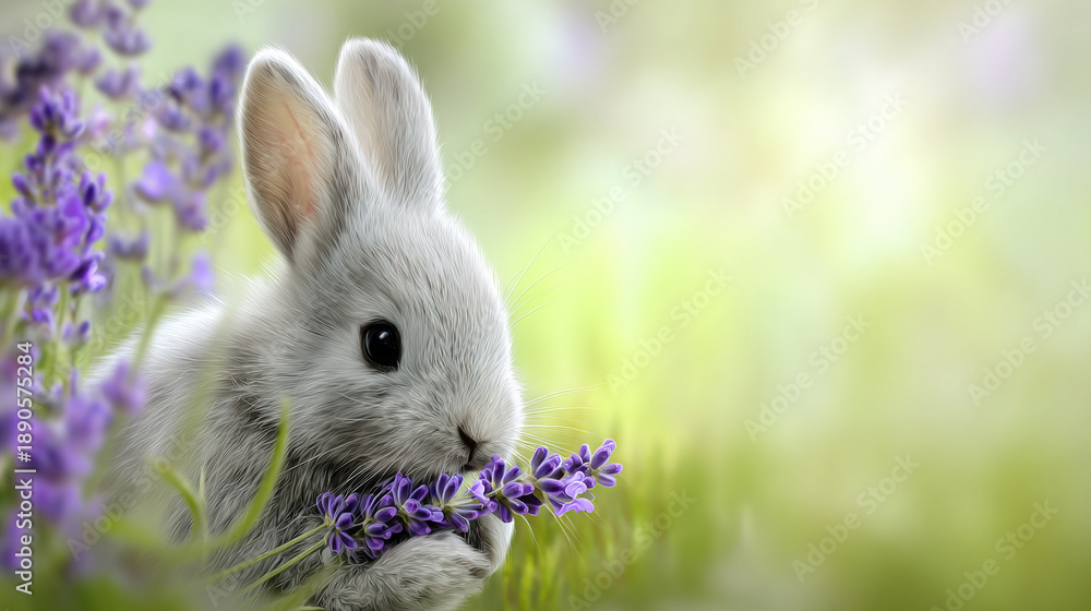 Fototapeta premium White rabbit eating purple flowers in a meadow