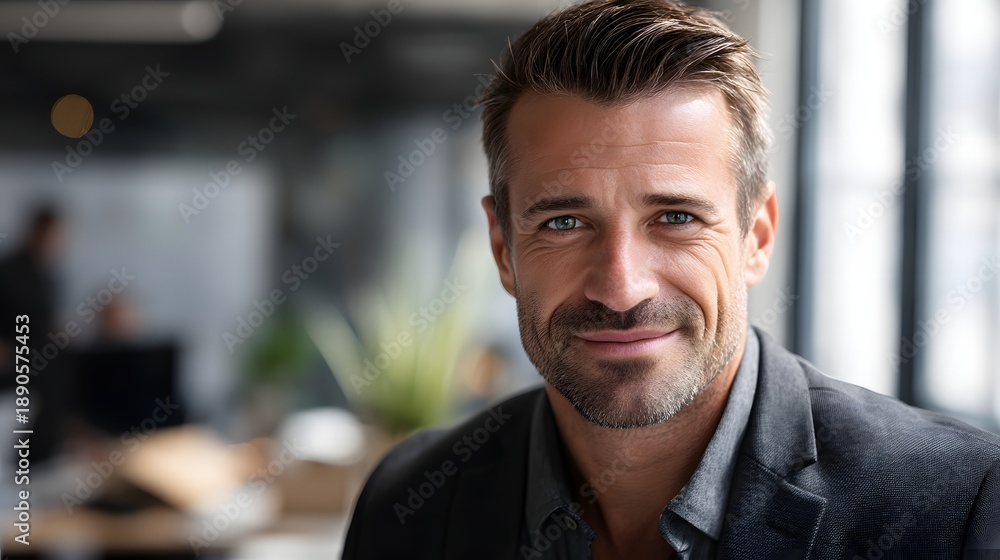 Obraz premium A man with a beard and a grayish hair is smiling and looking at the camera