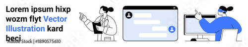 Remote communication, online learning, telehealth services, digital interaction, messaging tools, teamwork. Professionals interacting via chat interface. Remote communication and online learning