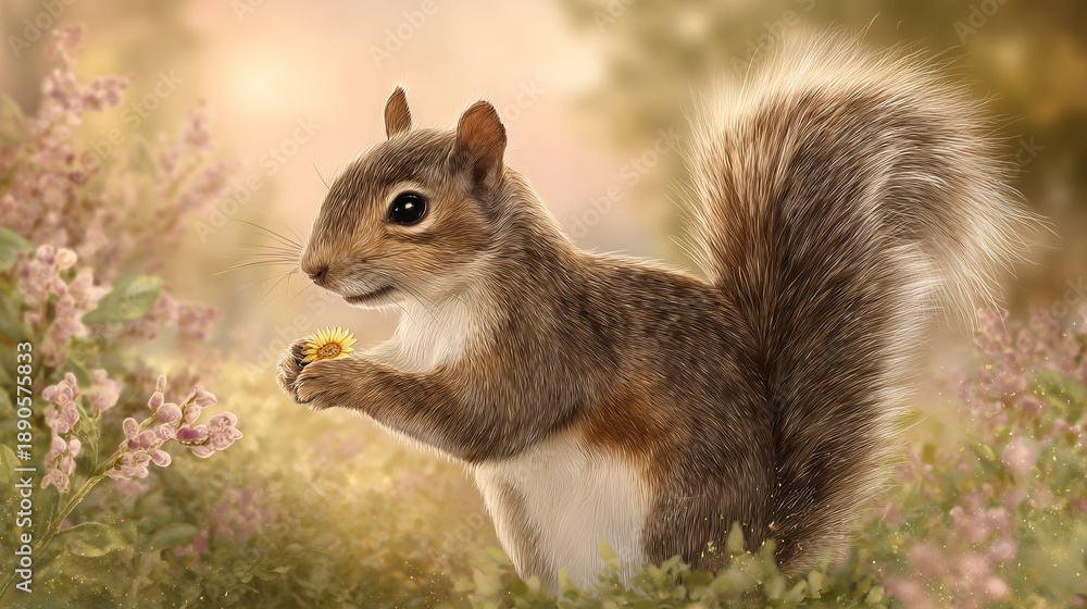 Obraz premium Cute Squirrel Holding Flower in Meadow