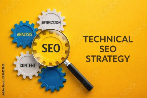 Technical SEO Strategy Concept with Gears and Magnifying Glass