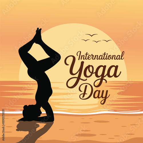 International Yoga Day illustration of a person practicing yoga on a beach at sunset