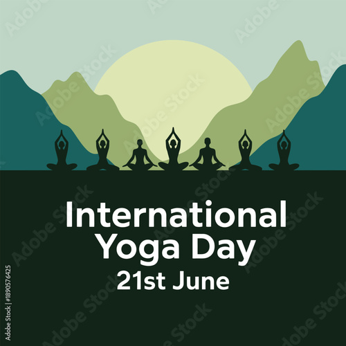 International Yoga Day poster with people meditating in front of mountains and sun  yoga day celebration
