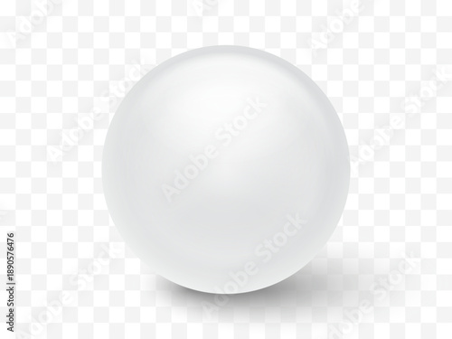 White Pearl Sphere with Soft Transparent Shadow, Realistic 3D Glossy Ball Isolated on Transparent Background, Minimal Vector Illustration