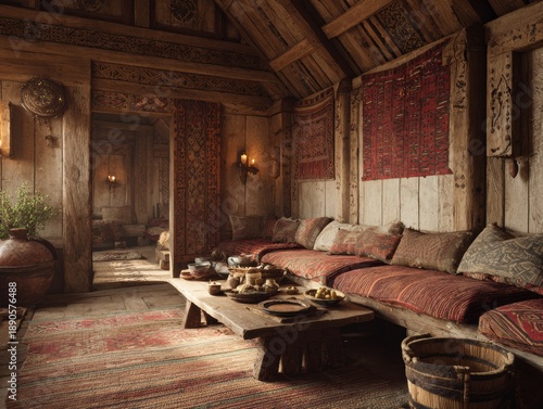 Rustic Viking Living Room with Wooden Table and Textured Accents Indoor