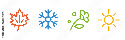 set icon seasons year, summer, winter, spring, autumn, icons snowflake, leaf, sun, flower, line vectors on white