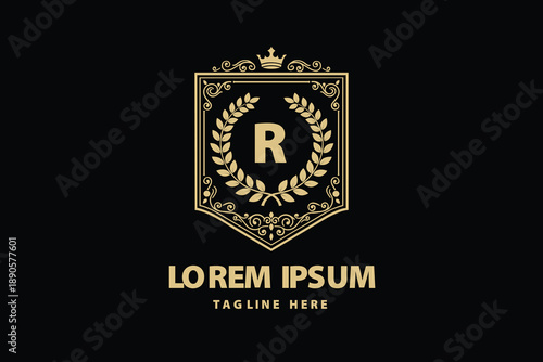 Heraldic Crest Shield With Letter R Crown And Laurel Wreath Vector logo template