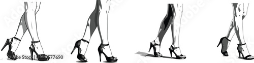 An illustration capturing the four stages of a woman walking in high-heeled sandals