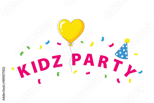 Kidz Party Celebration Heart Balloon and Confetti Design Vector logo template