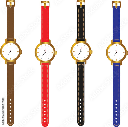 Four wristwatches with colorful leather straps