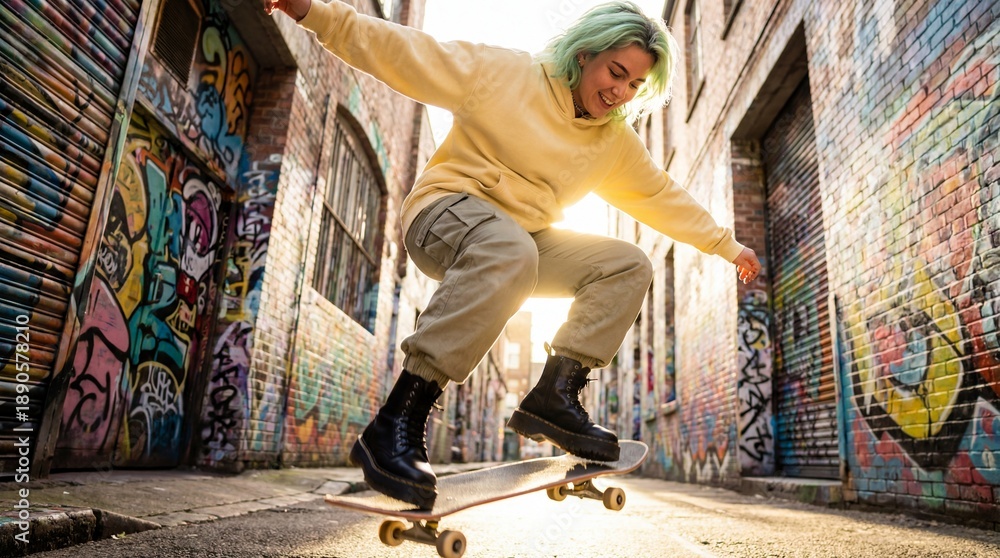 Naklejka premium Stylish young woman with green hair skateboarding in a graffiti alley. The sunny urban scene captures energy and youth culture, perfect for lifestyle and fashion themes.