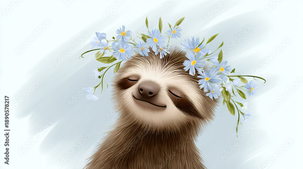 Fototapeta premium Sloth with flowers, peaceful smile