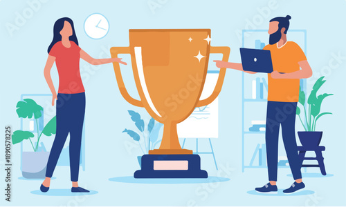 Business people with trophy cup - Man and woman in office winning award for being great and accomplish achievement. Flat design vector illustration