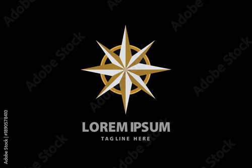 Compass star with golden rays and pointed edges for navigation and travel agency brand identity direction symbol for explorer Vector logo template