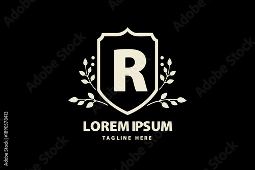 Shield with letter R and laurel wreath emblem for royal or security brand identity luxury crest symbol for corporate business Vector logo template