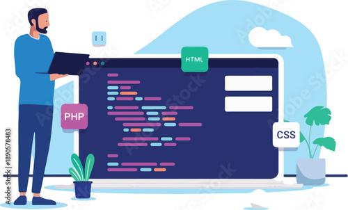Developer working on computer writing code and programming standing besides big screen with abstract language. Flat design vector illustration with white background.