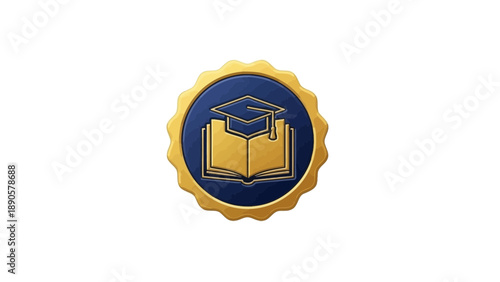 Digital Learning Open Book Badge with Embossed 3D Graduation Cap. transparent.