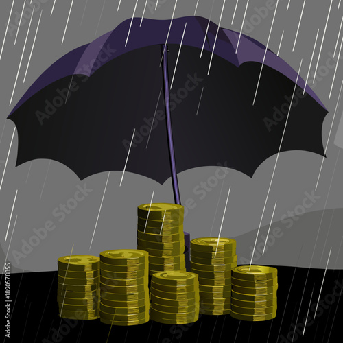 Financial protection and savings security during economic crisis, coins under umbrella in rain.