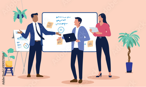 Three business professionals working in an office, with two engaging in a discussion by a whiteboard with sticky notes and one using a laptop. Flat design vector illustration