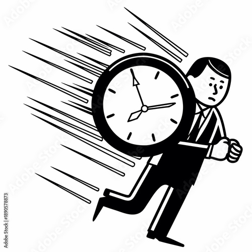 Stressed businessman running with clock body, deadline and time management concept