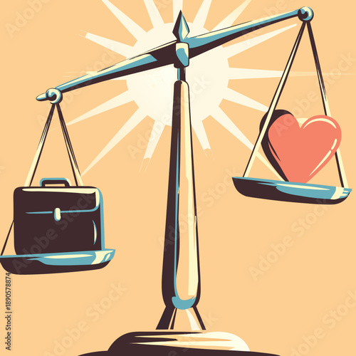 Scales balancing briefcase and heart, work-life balance and priorities concept