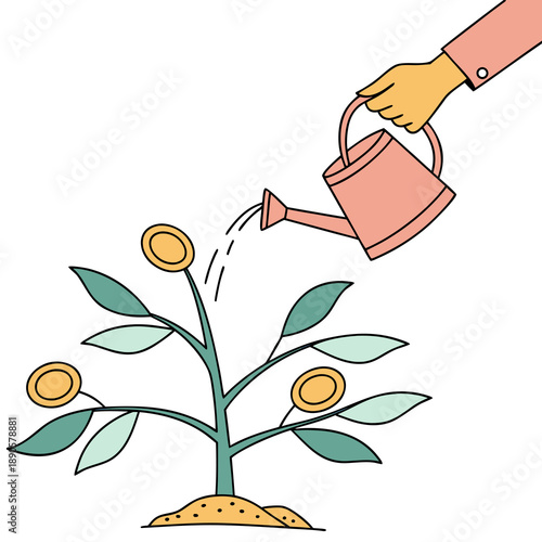 Hand watering money plant with gold coins, financial growth and investment concept