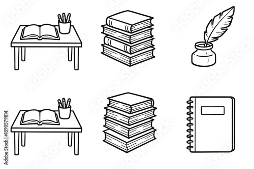 Quill set pile ink drawn notebook vector hand study desk books icon