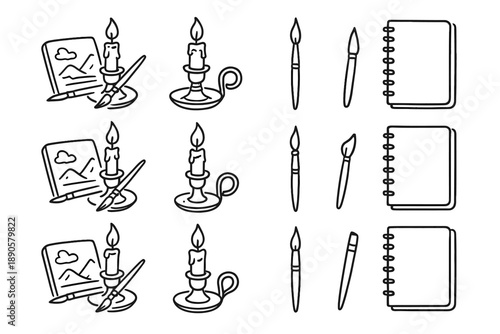 Handdrawn setup vector creative notebook brush artistic candleholder line set icon sketch
