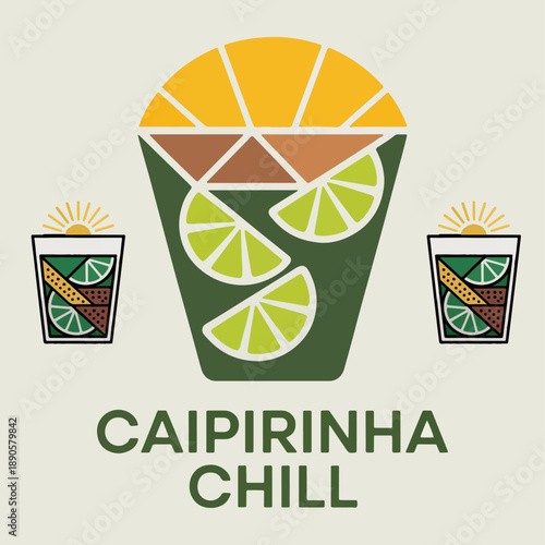 Caipirinha Chill geometric cocktail with lime wedges and sugar; refreshing Brazilian drink illustration for beach bars, menus and summer nightlife branding