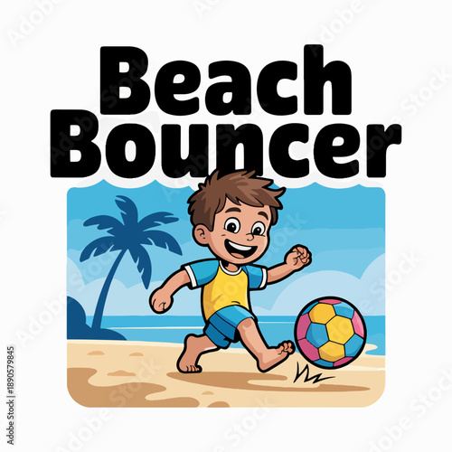 Beach Bouncer cartoon kid juggling a football on a tropical shore; playful seaside summer illustration with palms, surf and bright ball, family vacation vector design