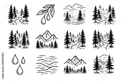Forest morning path icon outline mountain rough dew mist silhouettes vector